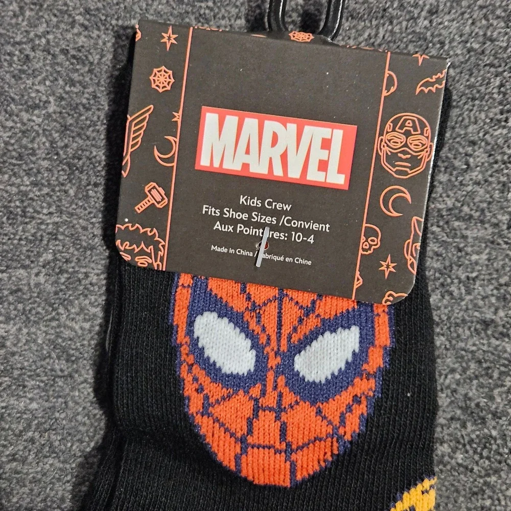 Marvel Kids Spider-Man Halloween Crew Socks Black Orange Pumpkin Bats Size 10-4